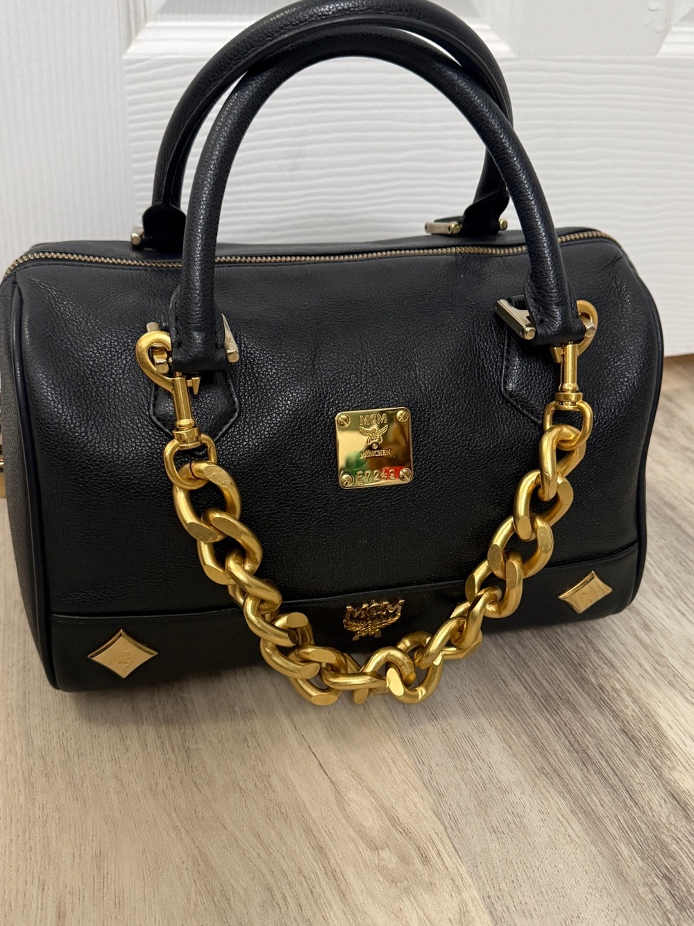 MCM Black Leather Boston Satchel Bag w/ Gold Hardware & Unbranded Chain